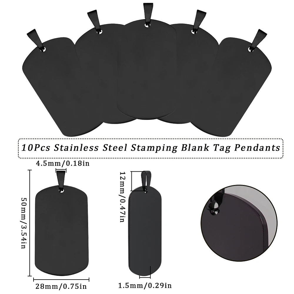1 Box 10 Pcs Blank Stamping Charms Stainless Steel Stamp Tags Bulk Metal Rectangle Black Dog Tag Engraving Blanks Charm