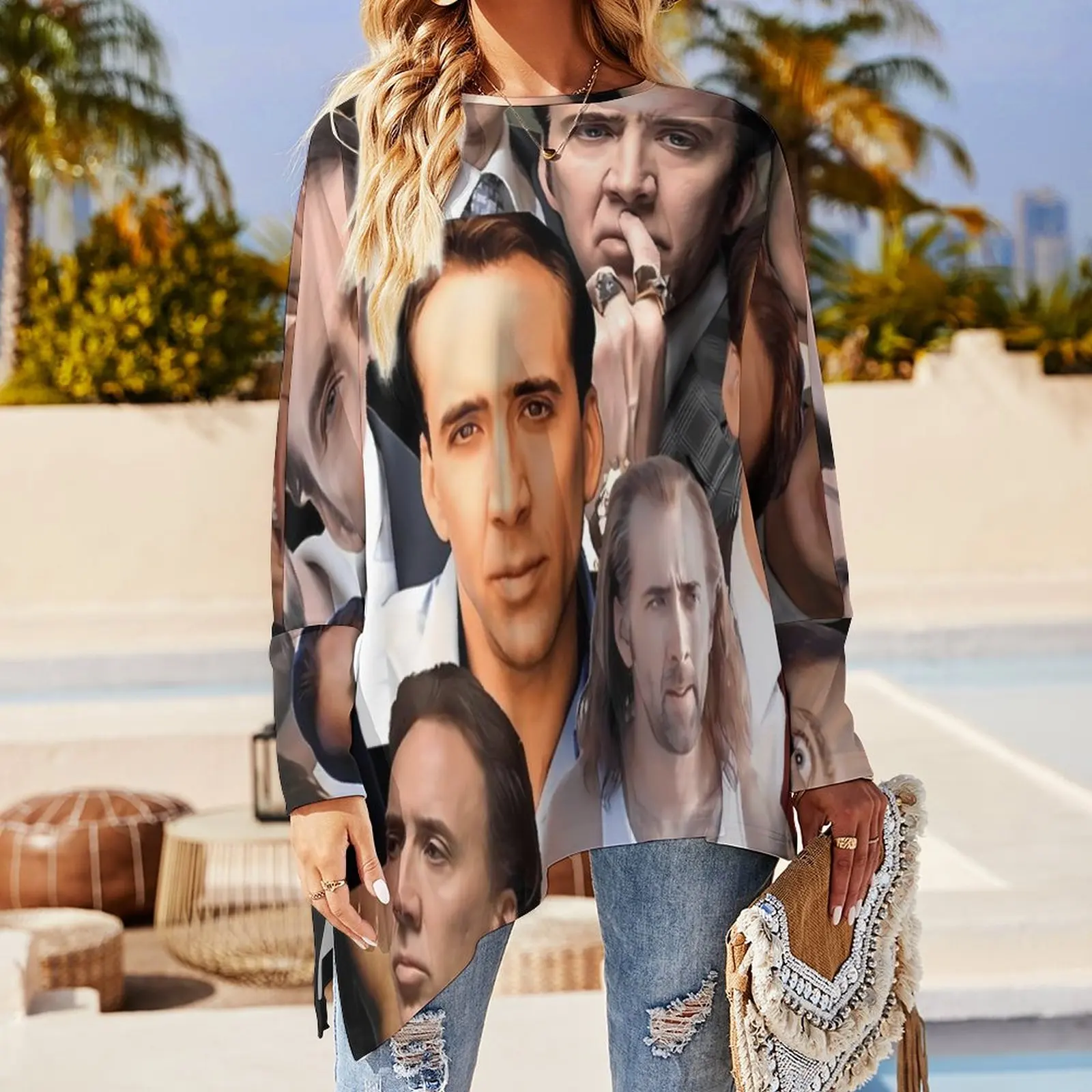 Nicolas Cage Photo T Shirt Famous Actor Fashion Long-Sleeve T Shirts Design Tee Shirt Women Winter Top Tees Big Size 5XL 6XL