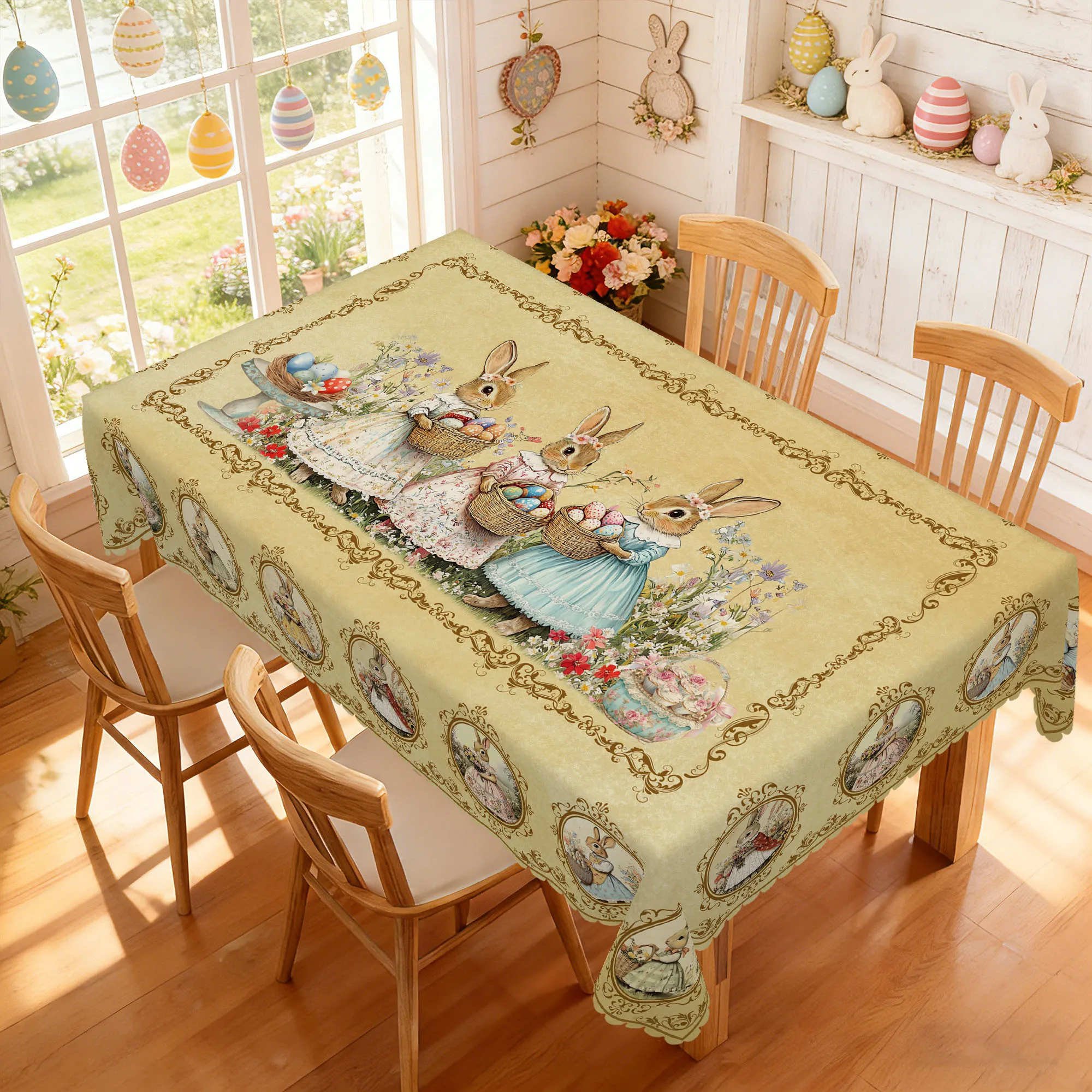 1 Easter-Themed Round Tablecloth, Available in 5 Sizes, Featuring a Fresh Floral Arrangement in the Center with Colorful Wildflowers and Patterned Eggs, Paired with a Cute Bunny Holding a Basket of Eggs in a Floral Dress, Embossed Edge Craftsmanship, Easter Spring Garden Tablecloth Decoration, Suitable for Everyday Home Kitchen and Patio Use, Easter Decorative Gift