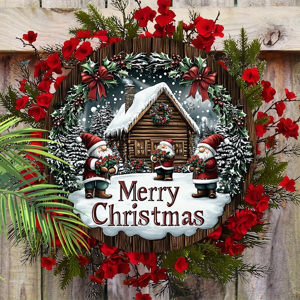 Charming Wooden Christmas Gnome Wreath Sign - 2D Relief Design, Perfect for Front Door & Wall Decor, Battery-Free Holiday Decor