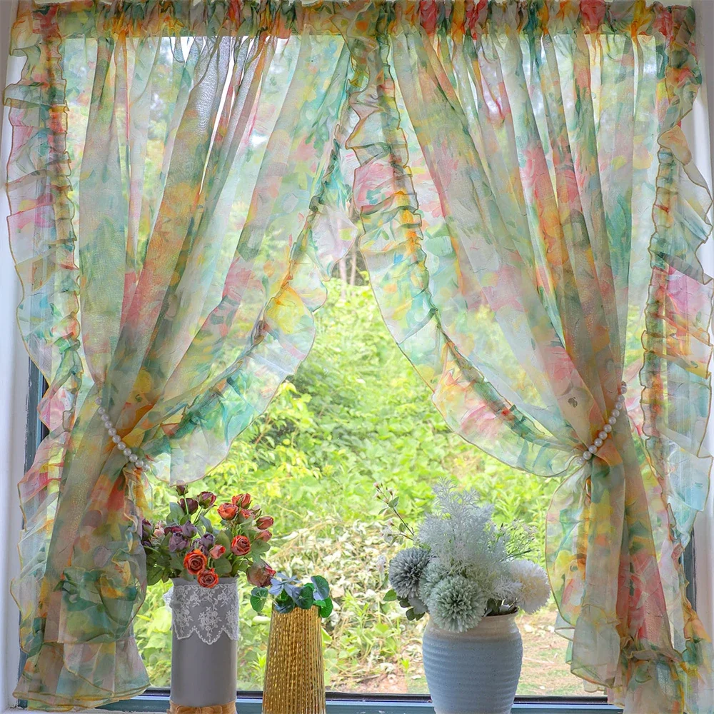 Retro Printing Curtain Art Living Room Gauze Curtain Velcro Ruffled Door Partition Punch-Free Customizable