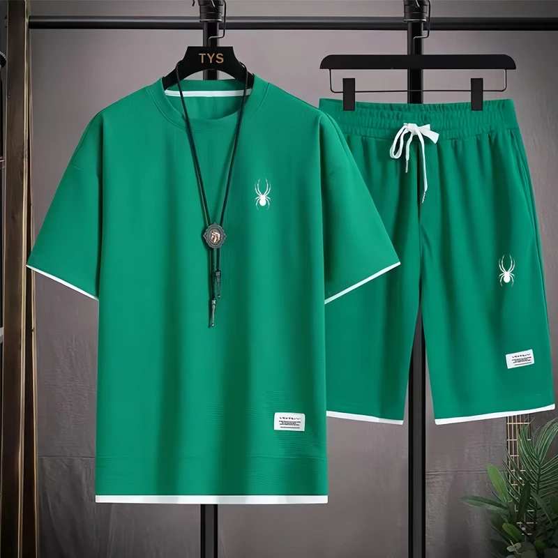 2024 Men\'s new Waffle Summer Suit Casual T-shirt + Shorts Suit Men\'s Tracksuit Solid color tracksuit loose suit