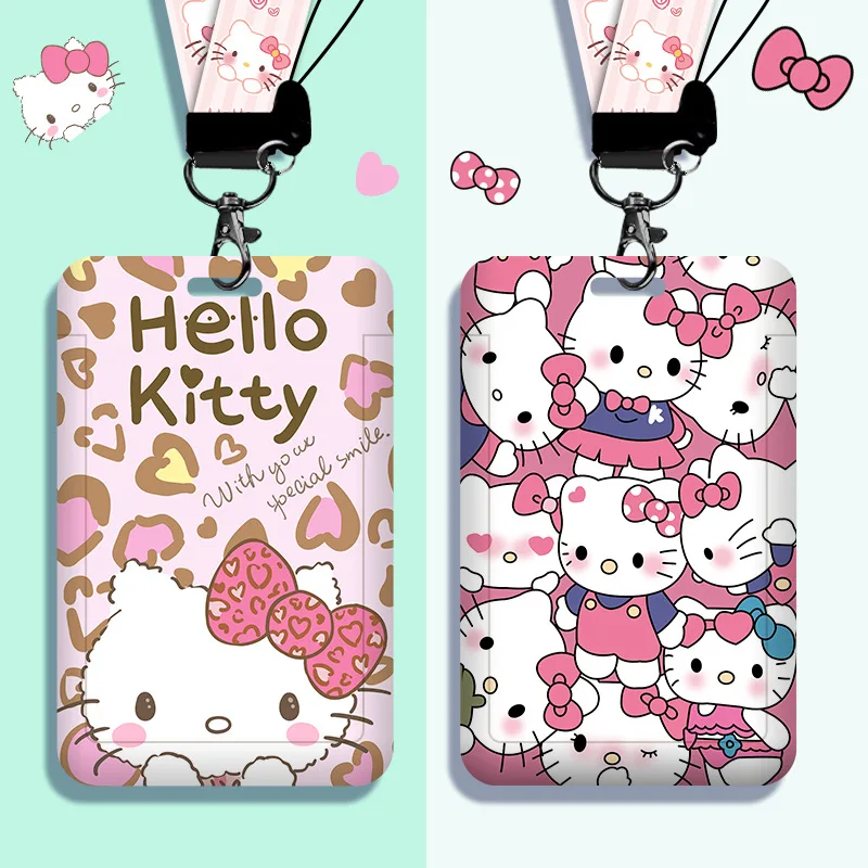 حامل شارة هوية Kawaii Hello Kitty للنساء ، حامل بطاقة الحبل ، كم بطاقة الائتمان ، لطيف ، عمودي ، أنيمي ، سانريو ، فتاة