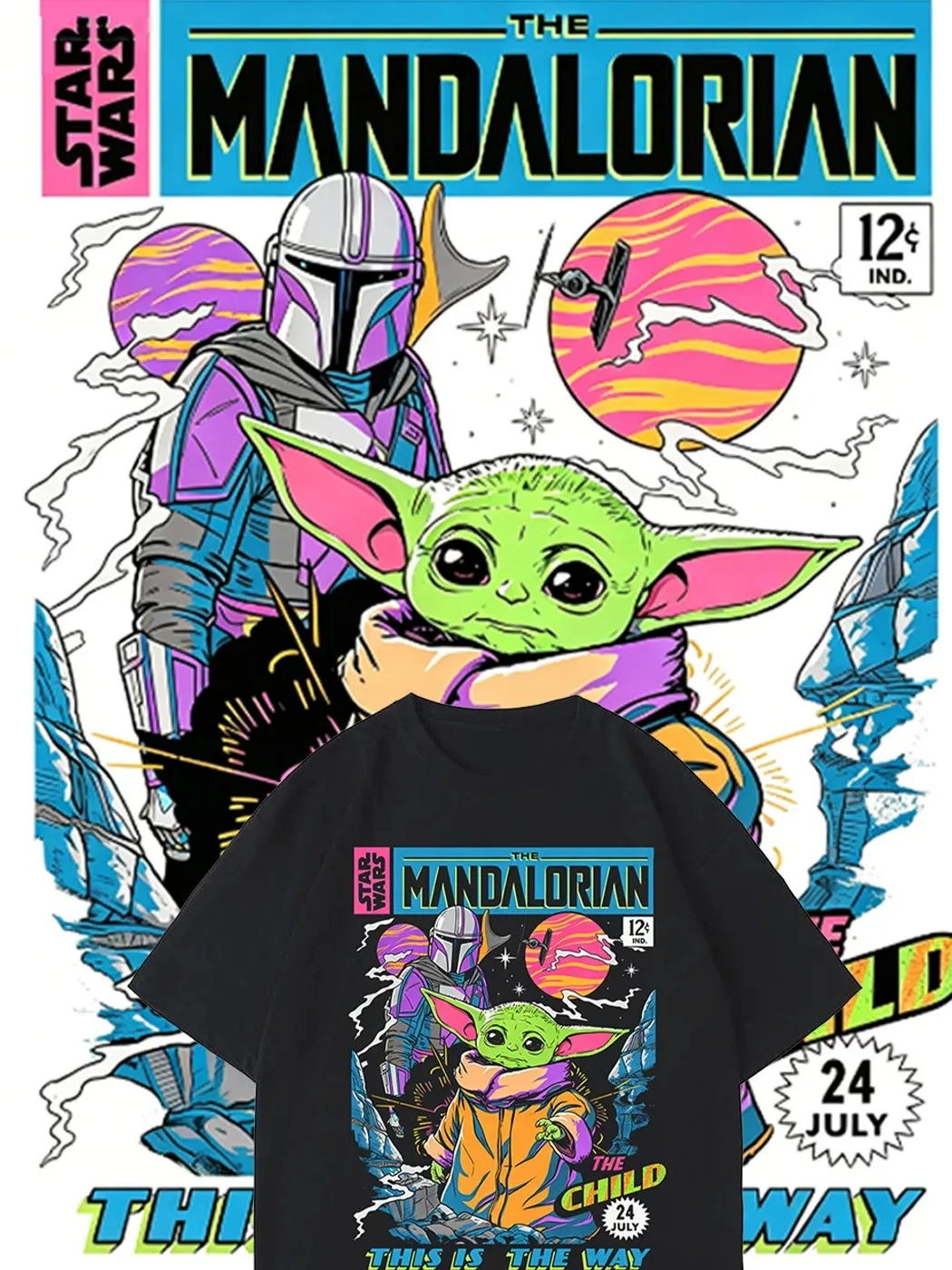 Mandalorian Grogu Star Wars Sci-Fi Retro Tee T Shirt Men's Women's Edgy Cool Graphic Print Oversized Short Sleeve Streetwear Top