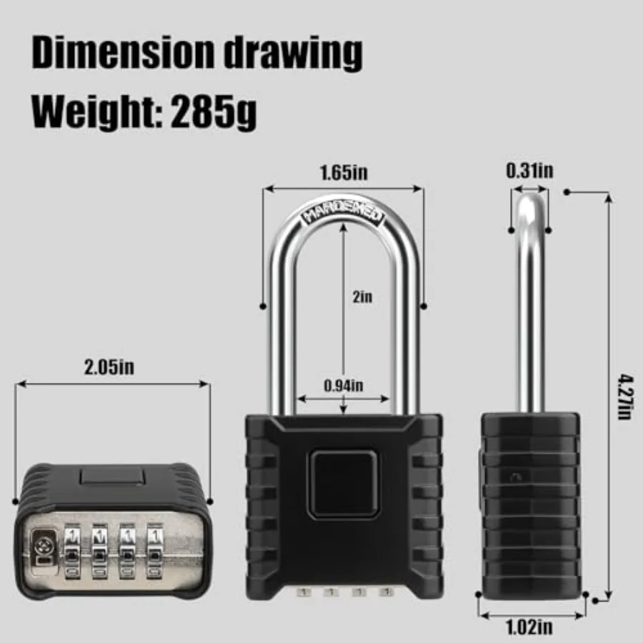2 Pack 2.3in Long Shackle Combination Padlock [One-Touch Unlocking], Large Heavy Duty Outdoor Padlock Design of Hidden Password
