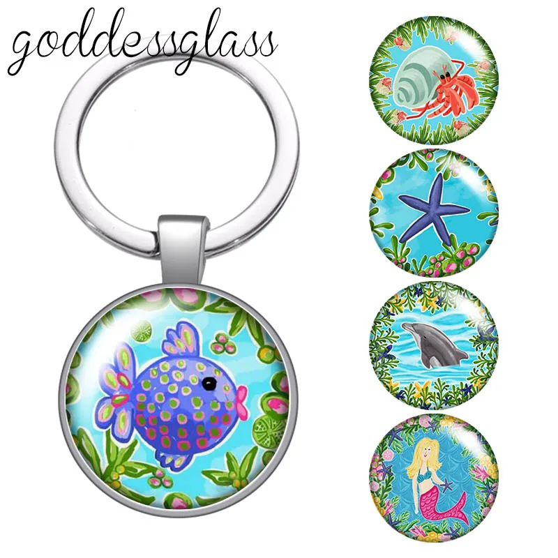 New Marine life Drawings Fish Starfish dolphin 25mm glass cabochon keychain Bag Car key chain Ring Holder Charms keychains gift