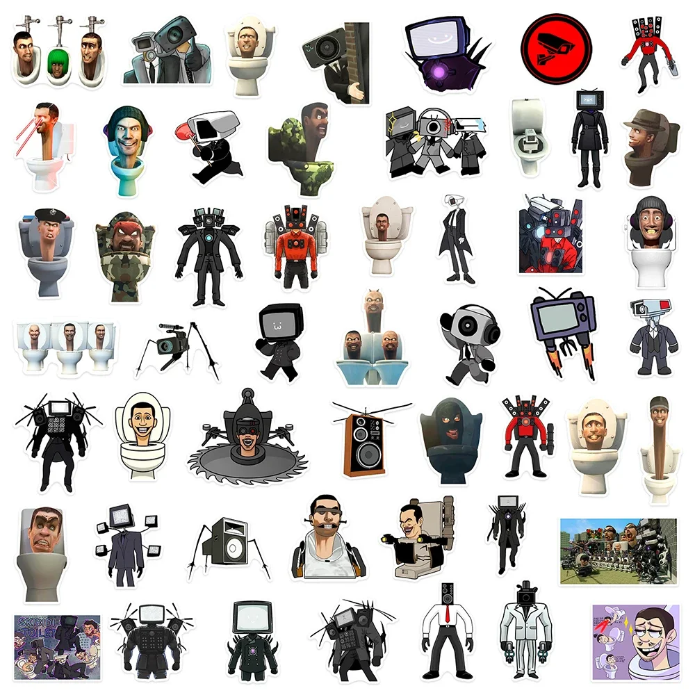 50 قطعة Skibidi المرحاض الكرتون لعبة ملصقات الشارات للهاتف المحمول المحمول الدراجة حقيبة بولي كلوريد الفينيل مقاوم للماء الاطفال ملصق اللعب