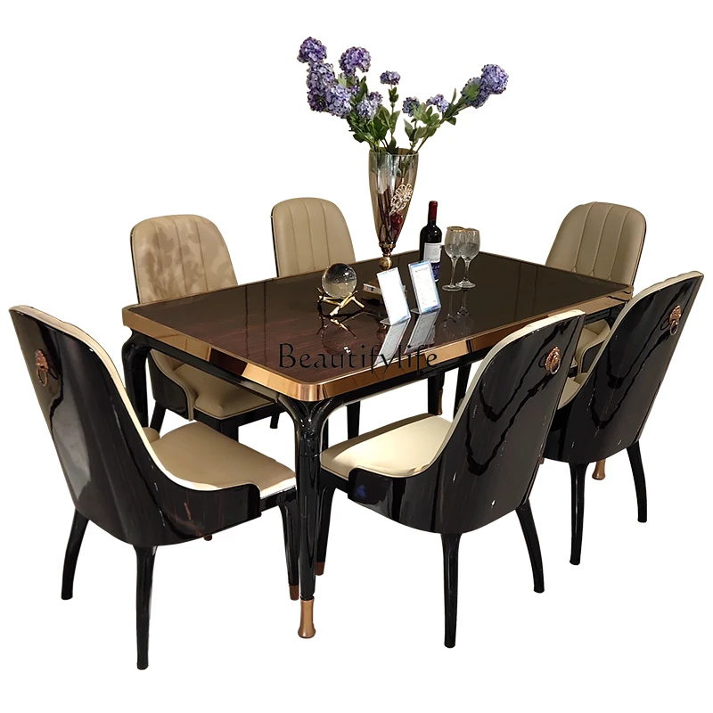 

Post-Modern Solid Wood Dining Tables and Chairs Set Genuine Leather Villa Light Luxury Hong Kong Luxury