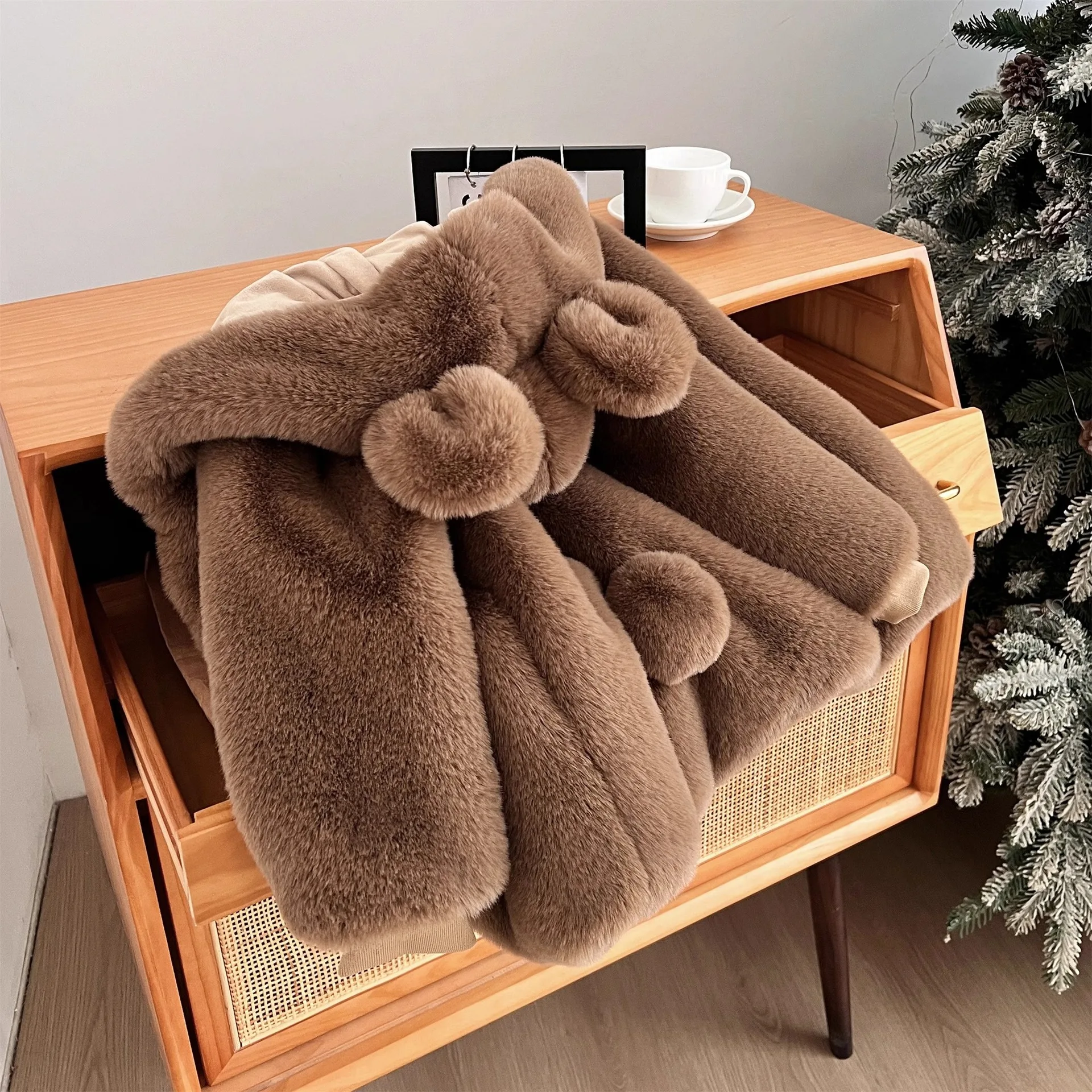 UNITIM Winter 2-10Yrs Girls Woolen Coat Ear Hooded Faux Fur Children Girls Overcoat Toddler Kids Fluffy Outerwear Coats for Girl