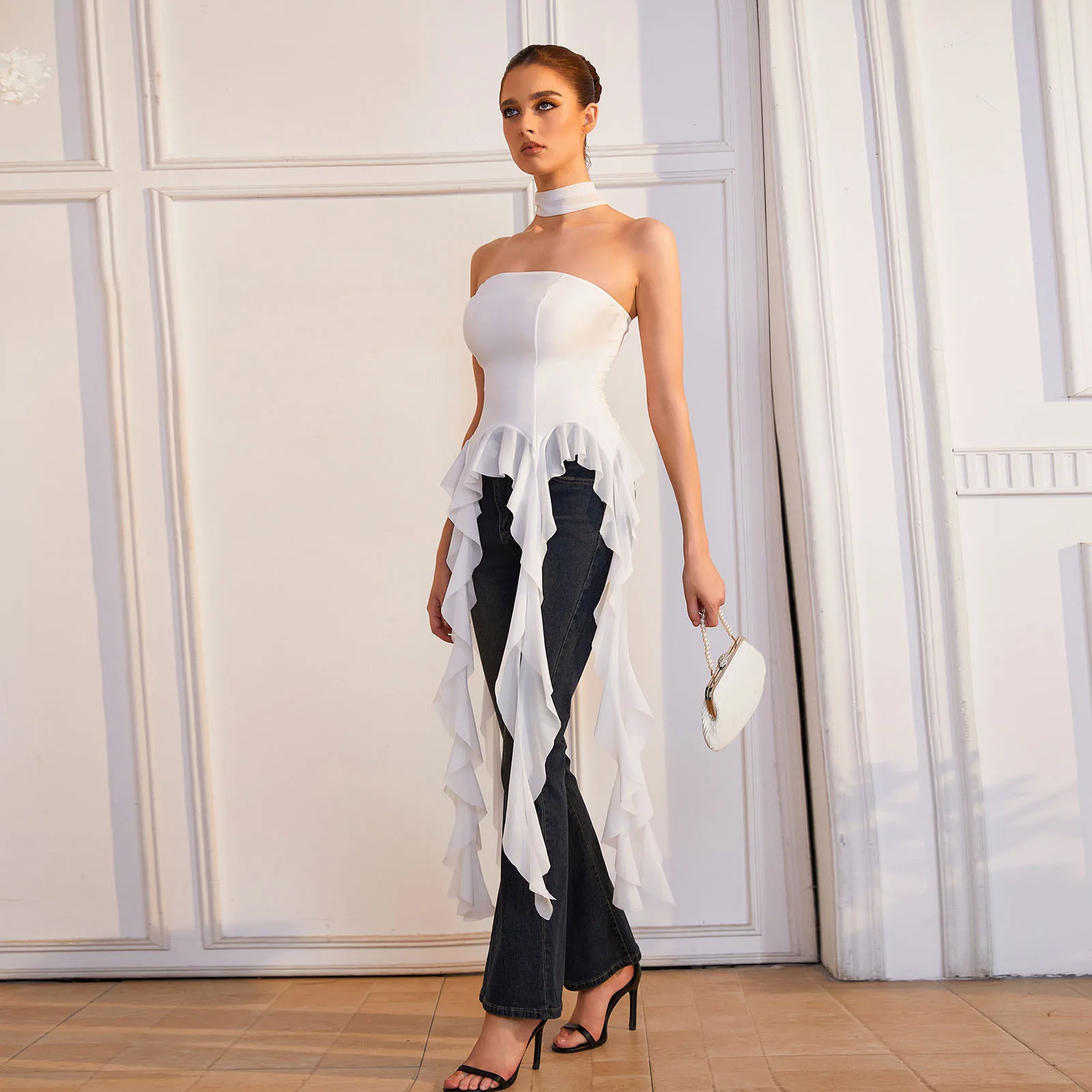 White Stretchy Halter Choker Tube Top Waist‑Fitted Long Ruffle Fringe Strapless Top Lingerie Sexy Hot Erotic High Elasticity VR6