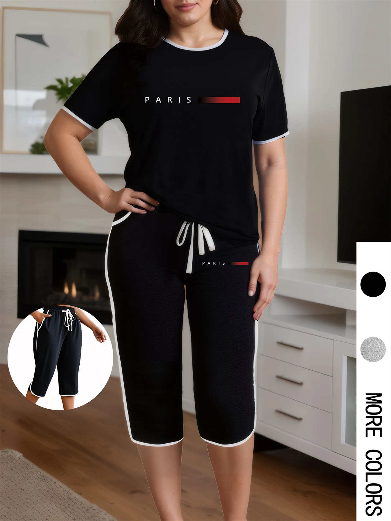 

Plus Size Women 2 Piece Set PARIS Print Short Sleeve T-shirt Capri Pants Summer Suits Oversize Chic Two Piece Outfits for Women