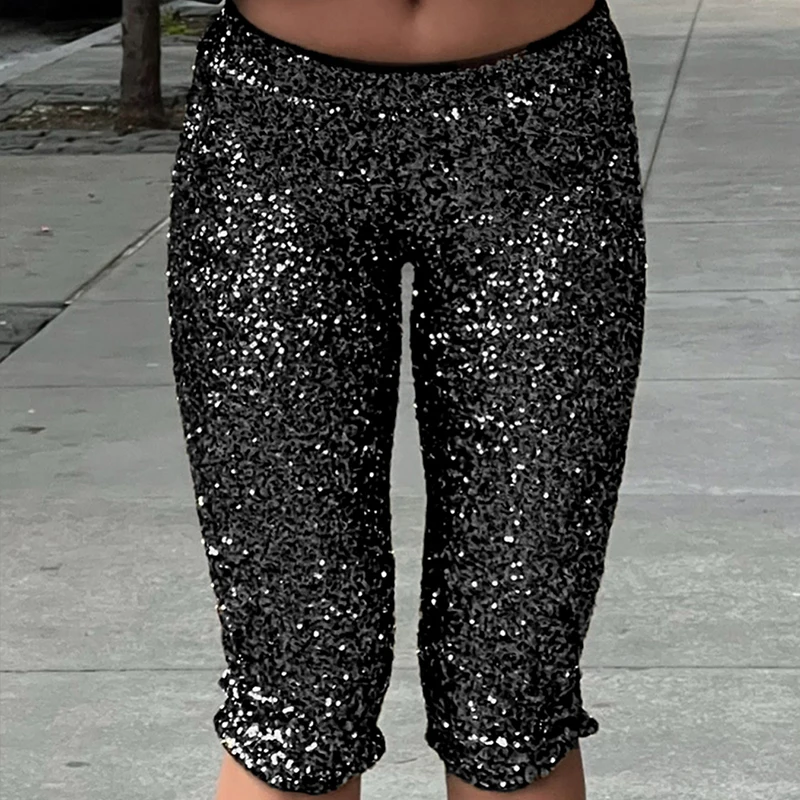 BKLD Hottie 2025 Mid-night Club Party Glitter Paillettes Moda Tight Fit Fianchi avvolti Pantaloni sexy di media lunghezza Pantaloni estivi da donna