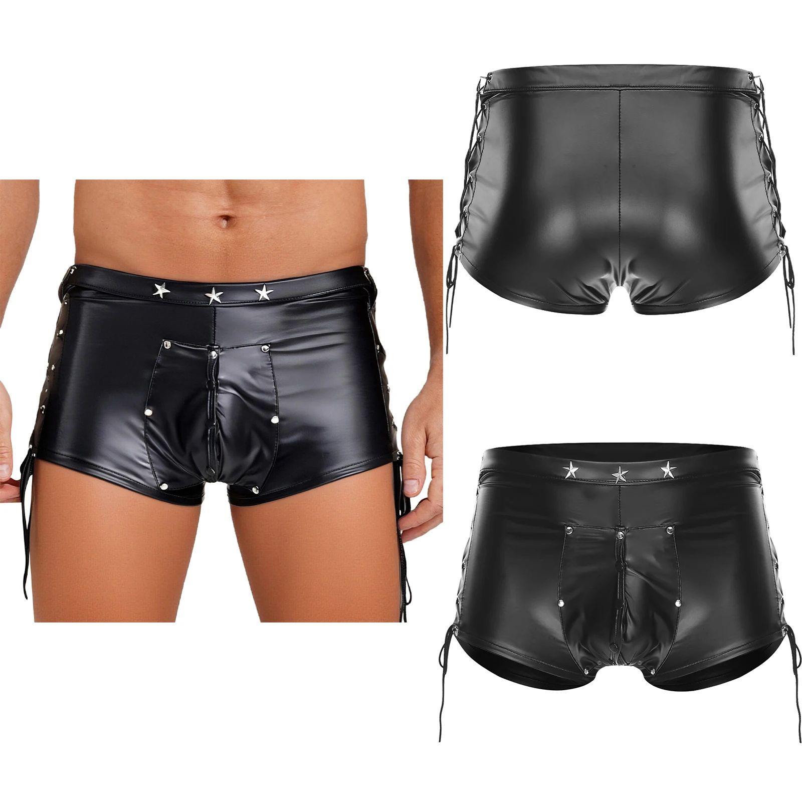 

Sexy Men Sissy Gothic Shorts Both Sides Lace-up Star Rivets Openable Pouch with Buttons Hot Boxer Shorts for Pool Party Bikini