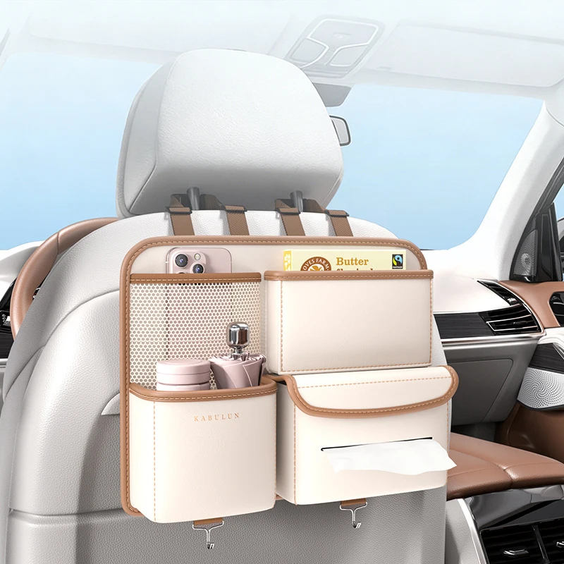 

Car Back Storage Bag Multifunctional Hanging Organizer with Anti Kick Pad Cup Holder Tissue Box Waterproof Car Backseat