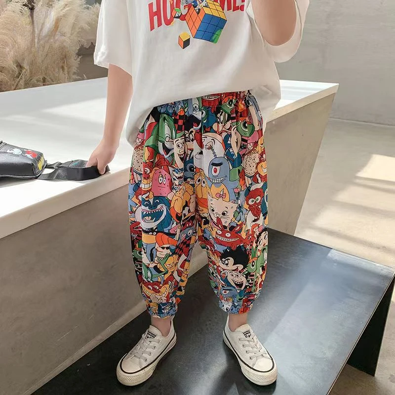 Summer New Boys Casual Pants Graffiti Designer Print Sweatpants Thin Long Loose Harem Trousers Teenage Kids Boys Clothes