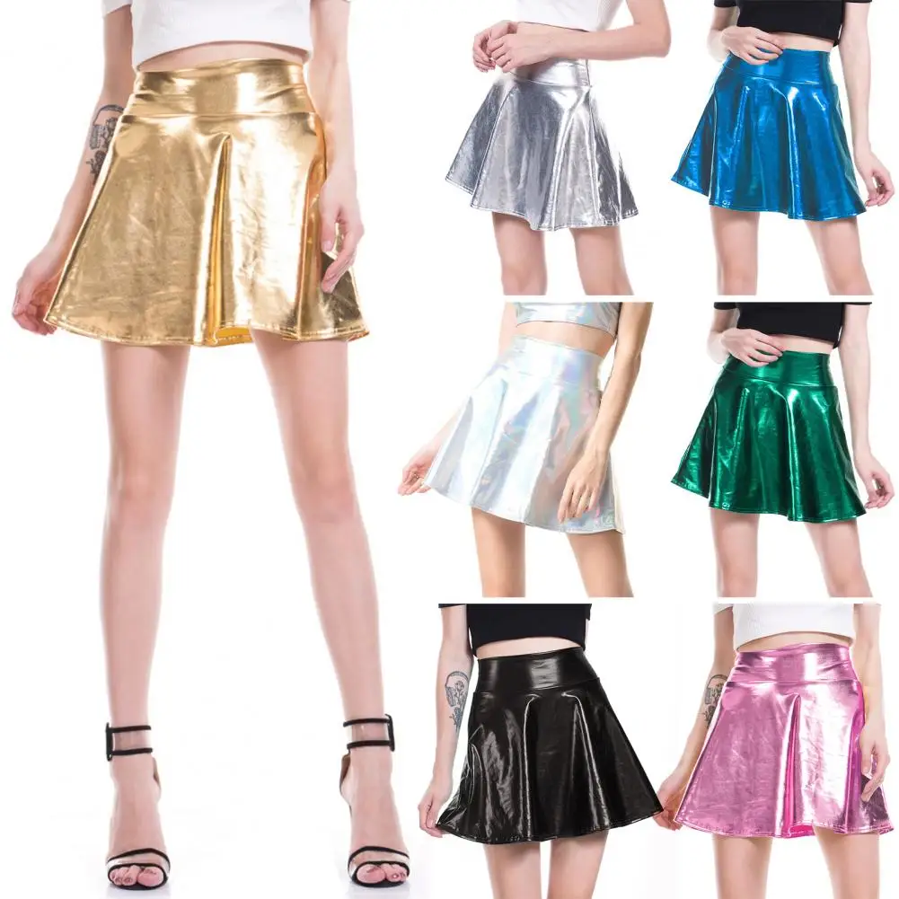 Pleated High Waist Mini Skirt Shinny Bright Color Nightclub Stage Show Skirt Trendy Girls Short Skater Skirt PU Umbrella Skirts