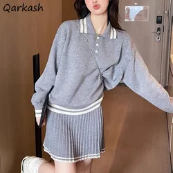 Spring Autumn Sets for Women Turn-down Collar Tops Fashion Korean New Mini Skirts Preppy Style All-match Simple Striped Chic