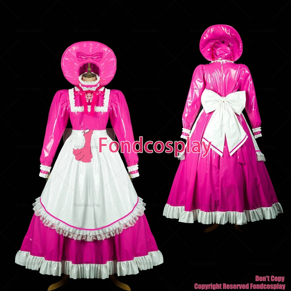 

fondcosplay adult sexy cross dressing sissy maid long hot pink thin pvc dress lockable white apron headpiece CD/TV[G2419]