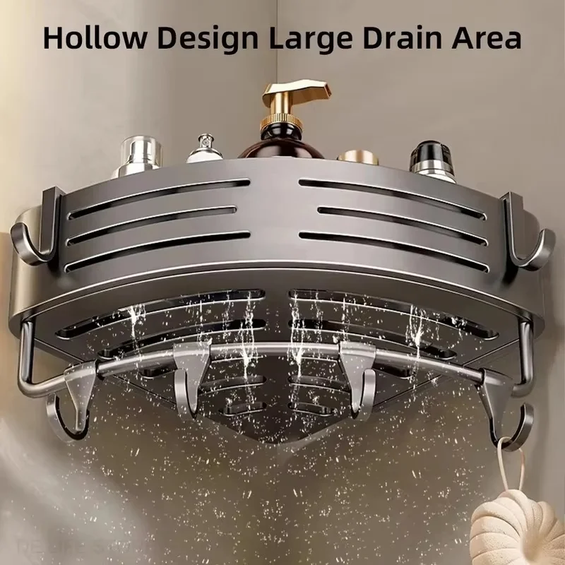 Bathroom Aluminum Corner Shelf with Towel Bar and Hook Set, Drill-Free Mounting, 1 to 3 Units - view 5