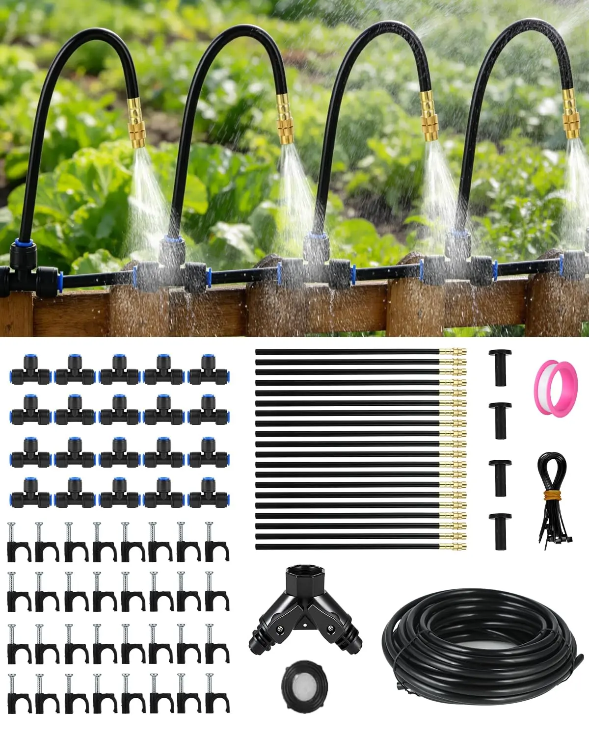 Sistema de Riego por Goteo de 130 Pies para Jardín: 20 Boquillas, Tubo de PE de 1/4'', Kit de Riego Automático, Aspersor de Nebulización Ajustable