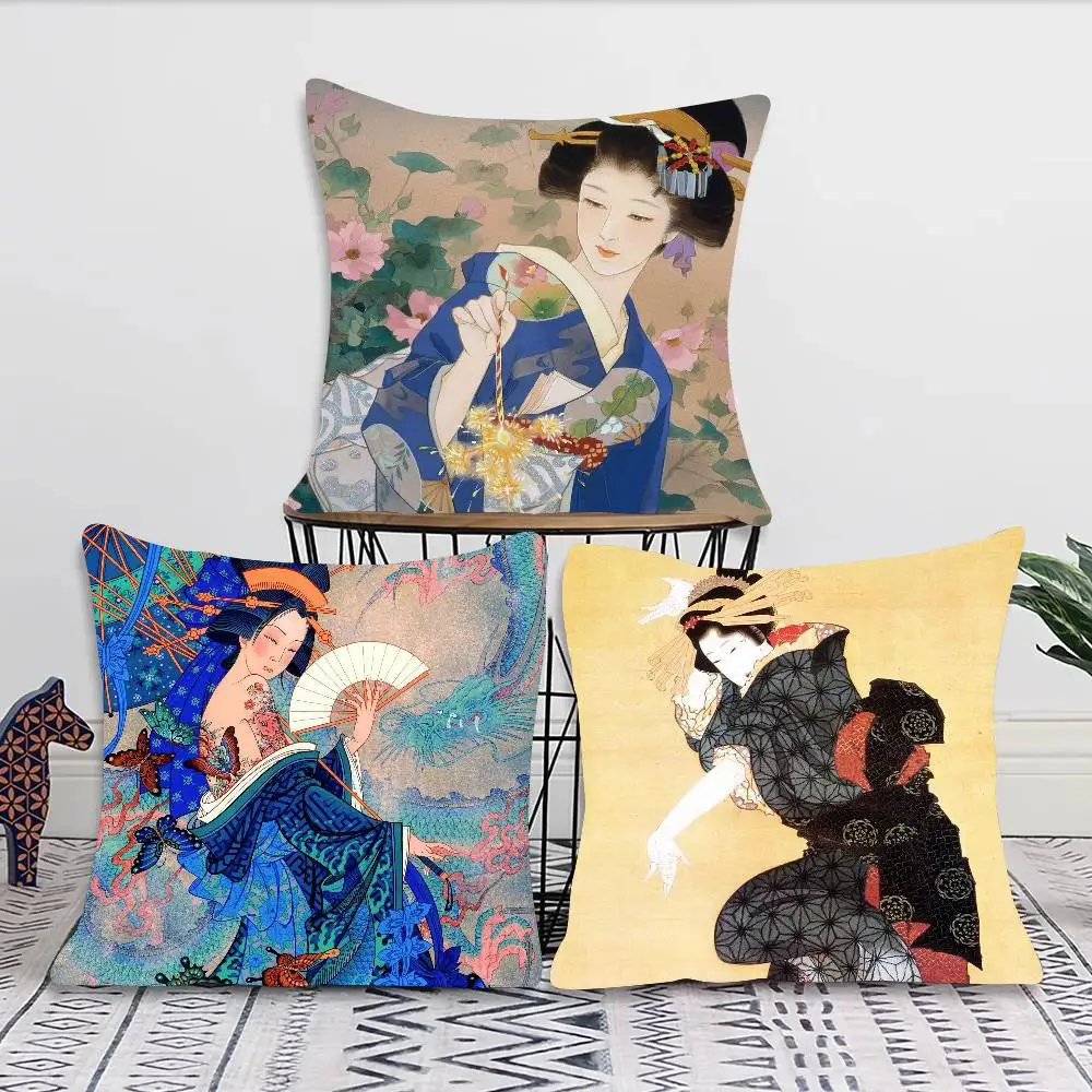 Classic Retro Japanese Lady Geisha Pillow Case Fashion Square Pillowcase Bedroom Sofa Room Ins Decoration Leisure