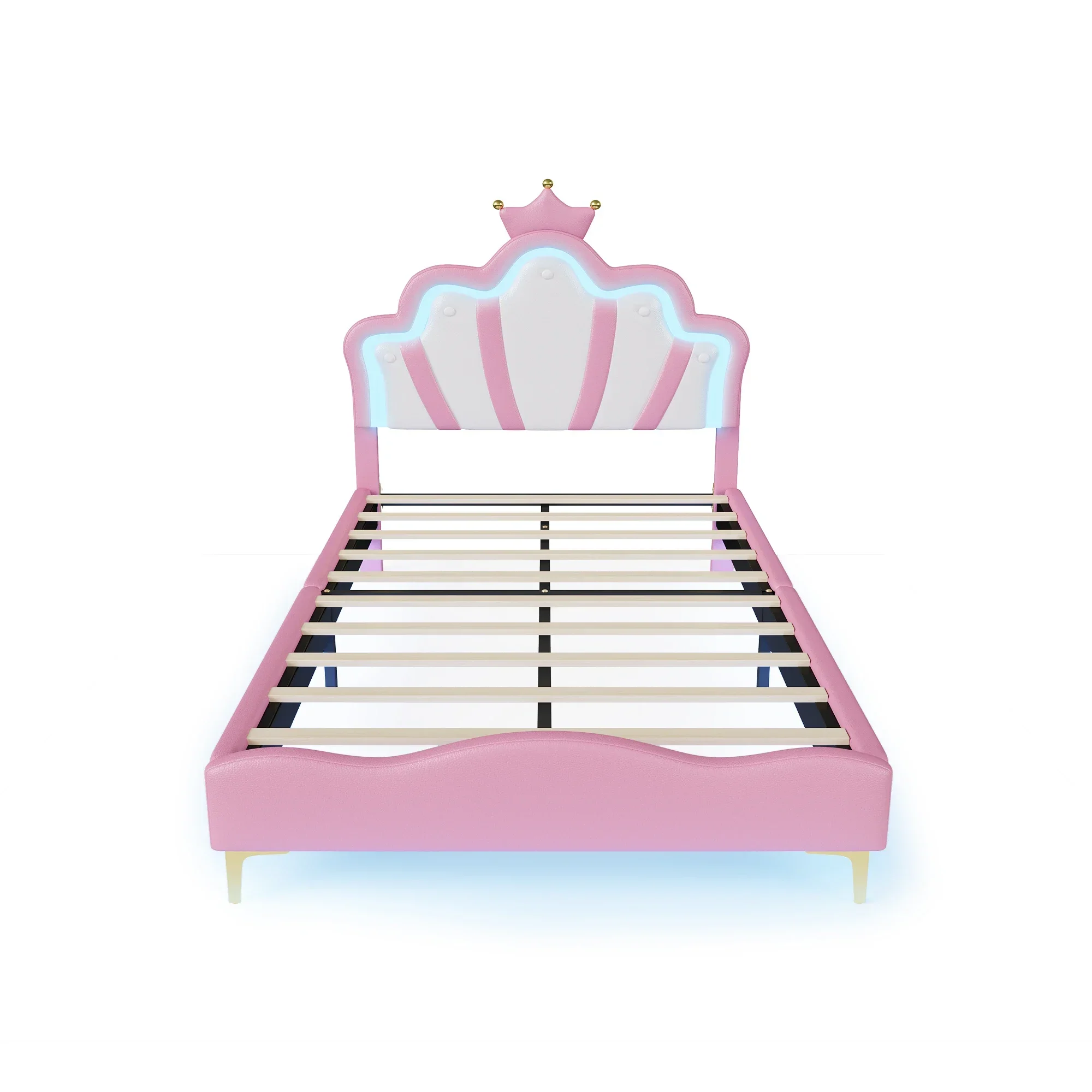 Comanlai, letto a forma di corona per bambine, dimensioni 140×190 cm, letto per bambini, letto matrimoniale, con testiera e struttura a doghe, rivestimento in velluto, colore rosa, materasso non