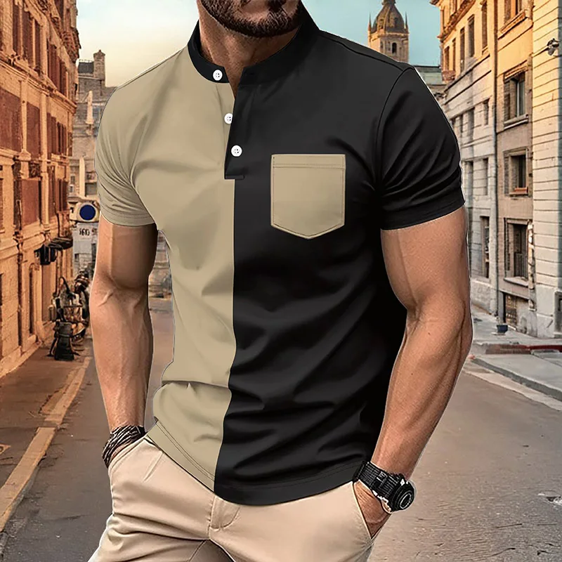 

Men's Short sleeved Polo Shirt 2024 Summer Classic Pocket Fashion Panel Henley Shirt Men's Casual Polo Shirt