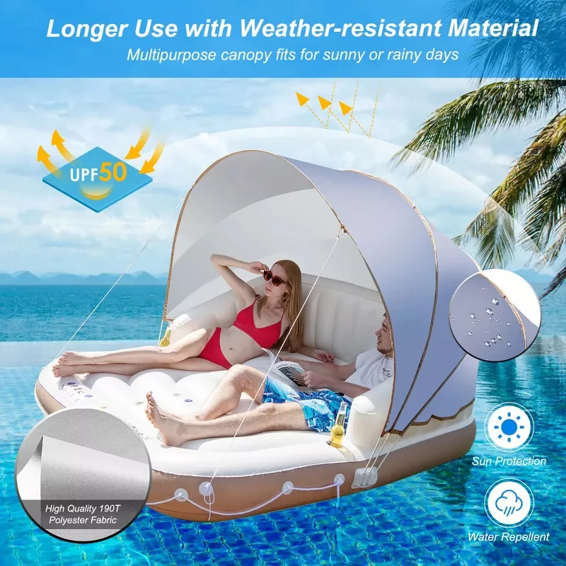 Floating Island Inflatable Pool Inflatable Seat with Awning Retractable Removable Shade with Two Cup Holders