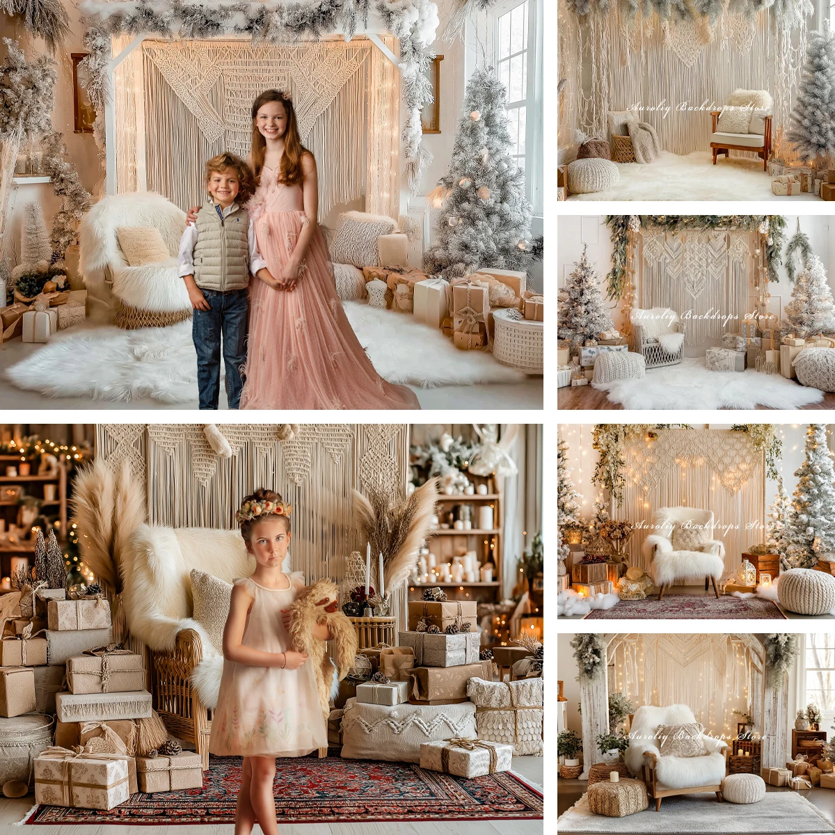 Bohemian Christmas Backdrops Child Baby Photo Props Adult Kids Decors Xmas Tree Present Chair Photography Studio Backgrounds