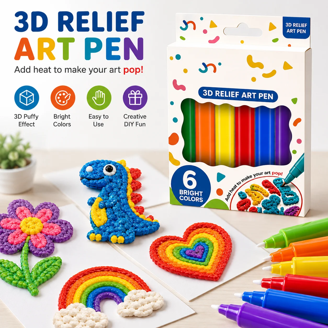 3D Relief Art Popcorn Bubble Pens 6 Colors, DIY Magic Puffy Effect Drawing Markers for Kids Creative Handcraft Graffiti Supplies