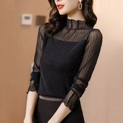 Tops Woman Turtleneck Lace Black Long Sleeve T Shirt for Women Spring Autumn High Quality Classic Aesthetic Outfits Clothing 90s