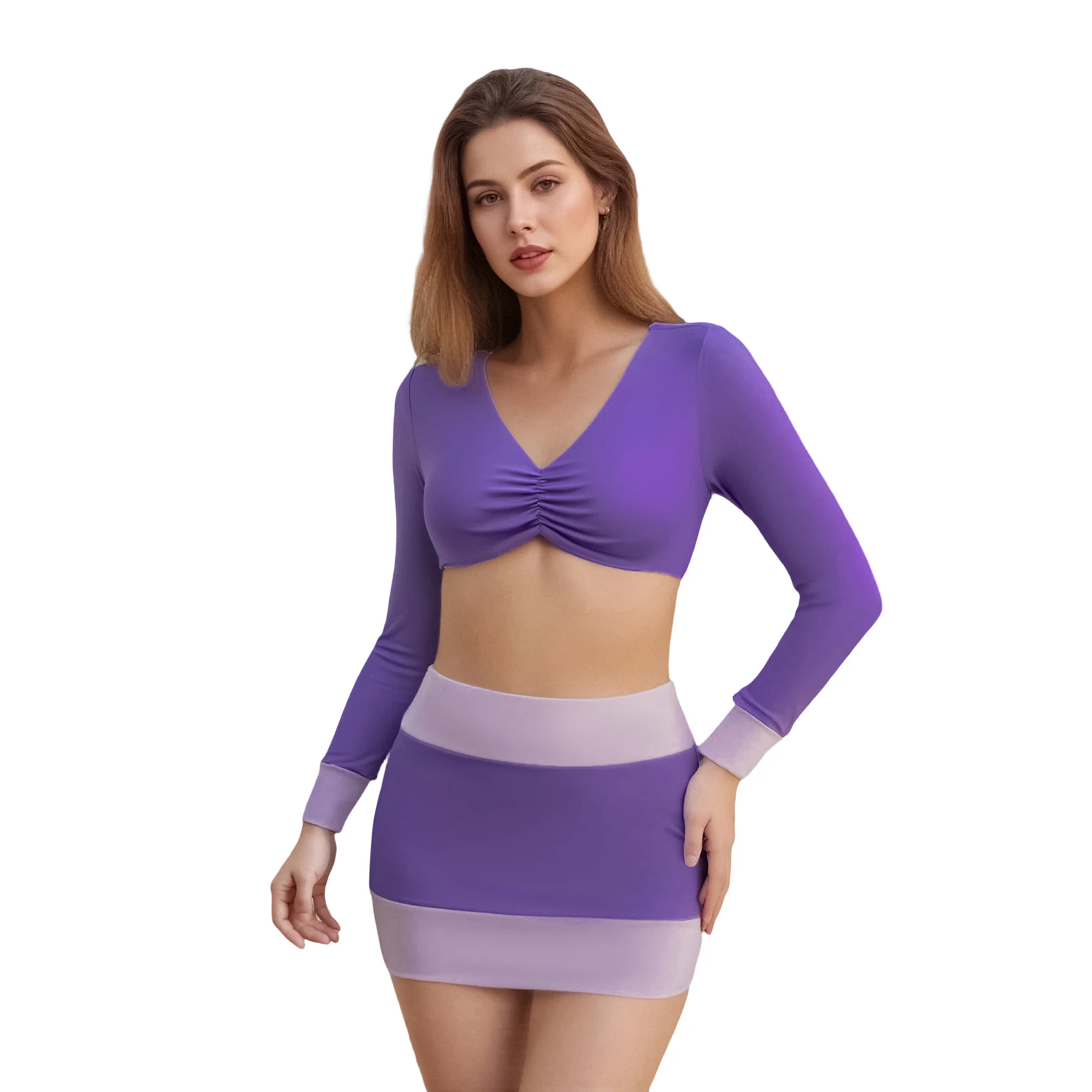 

Women Skirt Set Long Sleeve V-neck Crop Top with Contrast Color Mini Bodycon Skirt Clubwear Summer Outfit