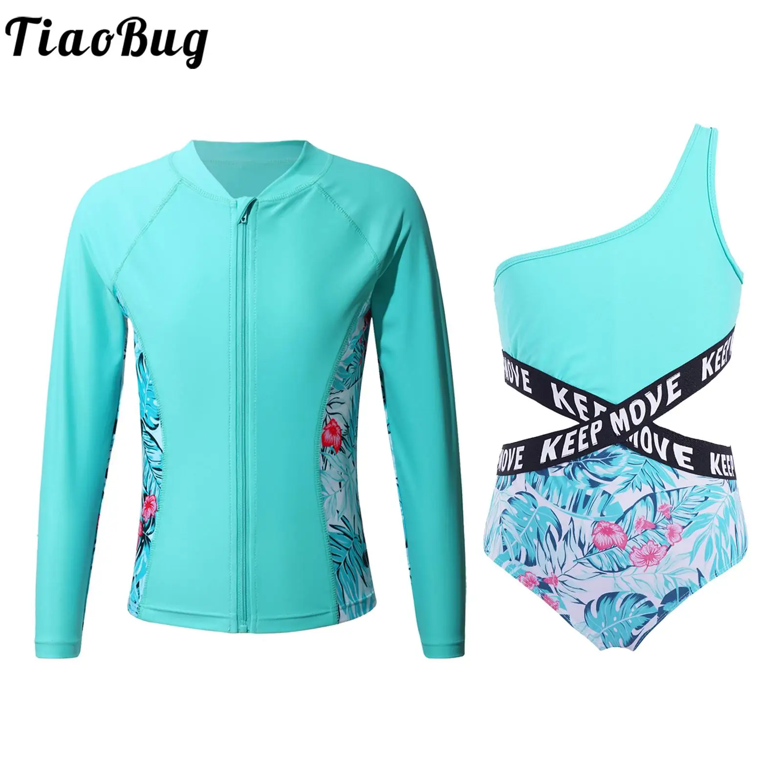 Kids Girls Two Pieces Swimsuit Long Sleeve Tops Rash Guard with One Shoulder Swimwear UV Protection Surfing Bathing Beachwear