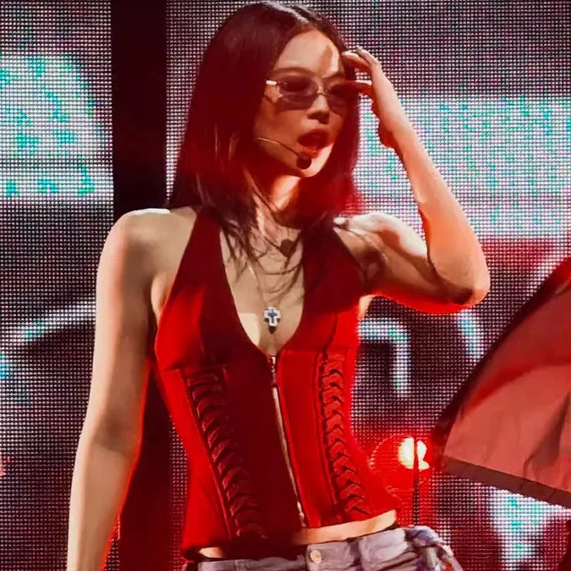 

Female Y2K Ins Chic Halter Zipper Crop Top Camis Tanks Women Sexy Hotsweet Stage Night Club Camisole Slim Trendy Korea Style Tee