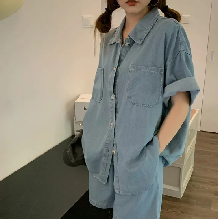 Fashionable Vintage French Korean Loose Casual Short Sleeve Denim Shirt Shorts Set Women Summer Anti-Aging Trendy Ensemble