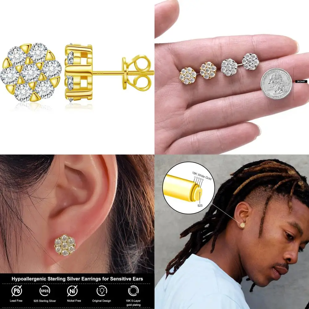 

Men's and Women's 9mm Round Moissanite Diamond Stud Earrings, Flower Cluster Design, 18K White Gold Plated Sterling Silver Jewel
