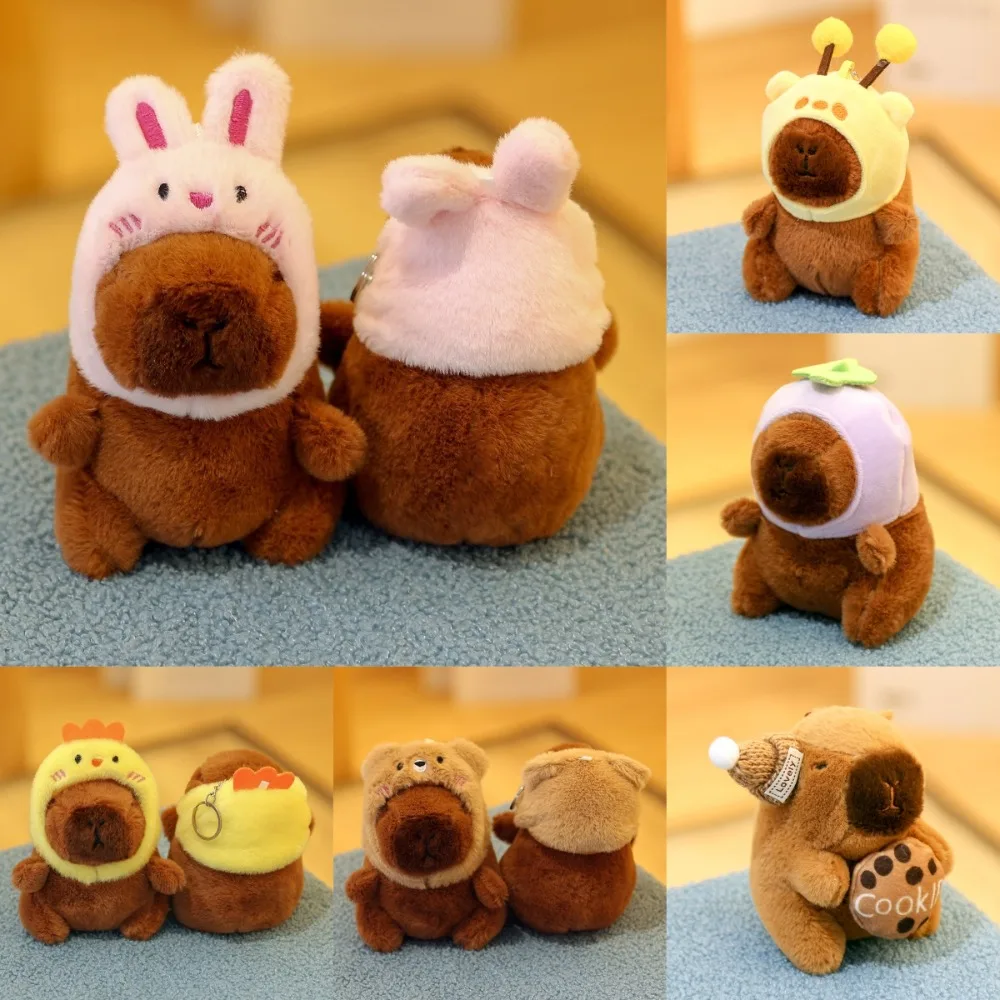 Cute Capybara Key Chain with Bee Rabbit Frog Bear Hat Cartoon Backpack Pendant Bag Accessories Plush Animals Toy Birthday Gift