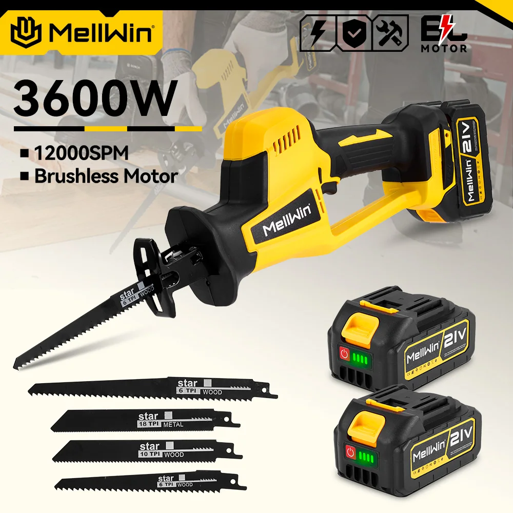 MELLWIN 3600W Bürstenlose Elektrische Säbelsäge 12000SPM Holz Metall Rohr Schneiden Säbelsäge Werkzeug Für Makita 18V Batterie pin