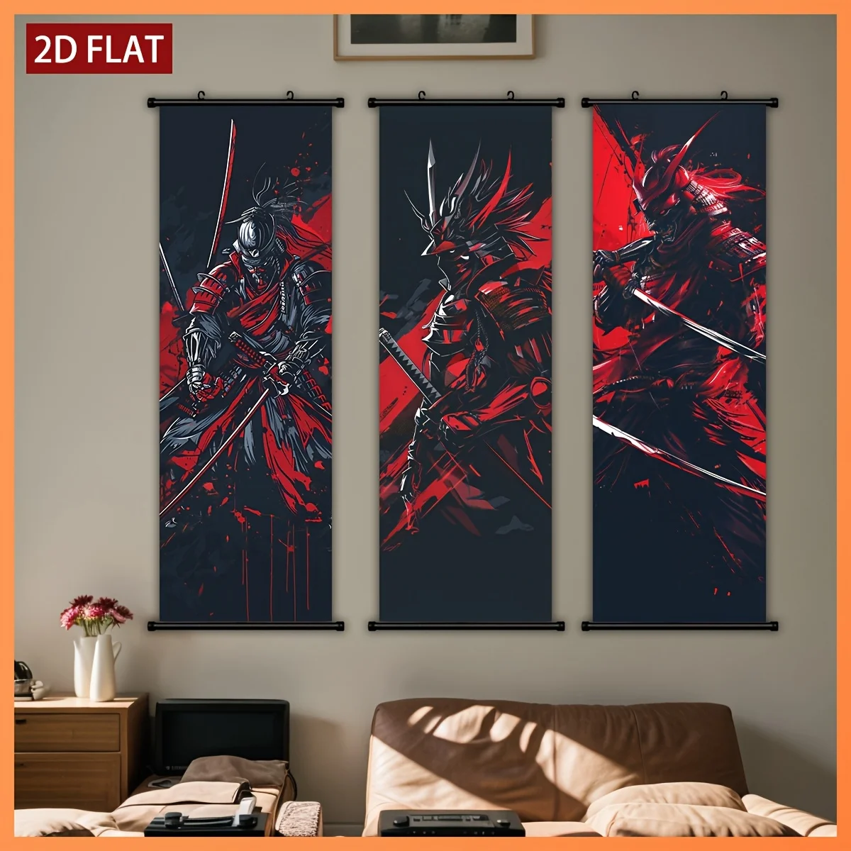Red and Black Samurai Armor Sword Scroll Tapestry High Definition Non Fading Wall Hanging Scroll Painting Room Decoration