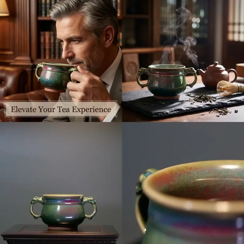 【CHIMU HOME】 Exquisite Handmade Jun Porcelain Double Dragon Cup for Oriental Art Iridescent Dragon Glaze China