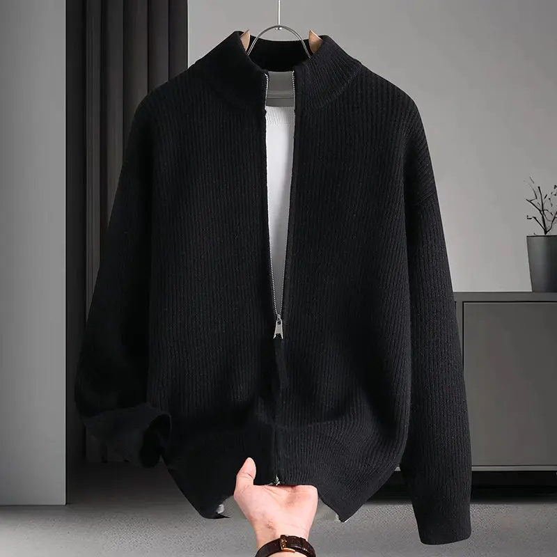 Men's Solid Color Zip Cardigan Slim Fit Knitted Sweater Stand Collar Jacket Autumn Winter Casual Half-high Outerwear