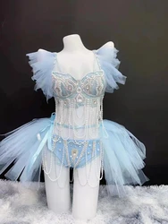 Sexy Female Pearl Rhinestones Bra Shorts Blue Set Bar Nightclub Beading Tassels Bikini Pole Dance Show Stage Performance Costume