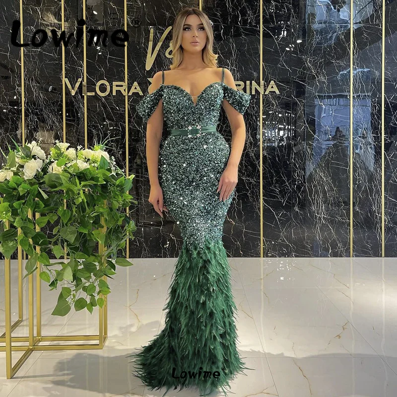 

Feathers Emerald Green Mermaid Arabic Evening Dresses Long Prom Dresses Elegant Sequin Customized Plus Size Party Gowns Robes