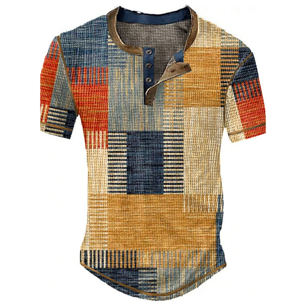 Farbblock-Patchwork Grafik 3D-Druck Henley-Shirts Herren Vintage Mode Übergroße Kurzarm T-Shirts Männer Oberteile Kleidung – Detail 8