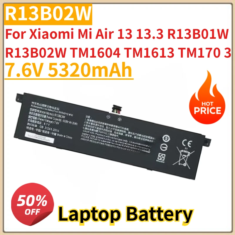 

High Quality New 7.6V 5320mAh Laptop Battery R13B02W For Xiaomi Mi Air 13 13.3 R13B01W R13B02W TM1604 TM1613 TM170 3