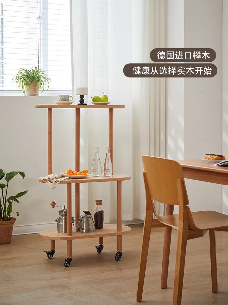 Simple and modern, all solid wood mobile shelves, living room balcony, wheeled storage shelves, sofa side, multi-layer floor-to-