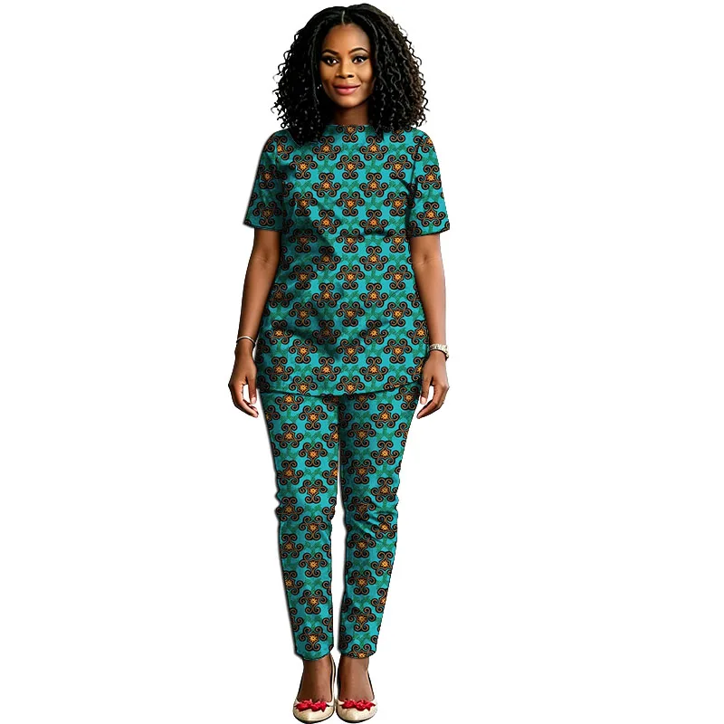 African Print Couture Women's  Ankara Outfit Short Sleeve Blouse With Elastic Waist Pant Custom Made Party Set