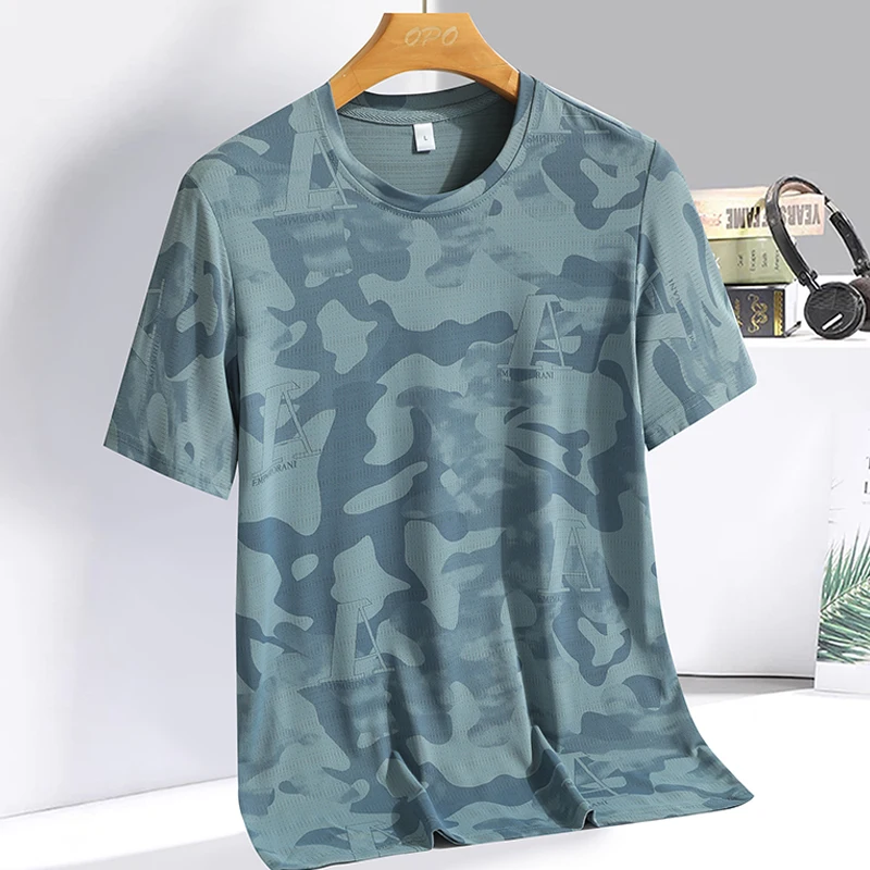 2023 Summer New Ice Silk T-shirt Camo Personalized European, American, British Wind Speed Dry Short Sleeve T-shirt