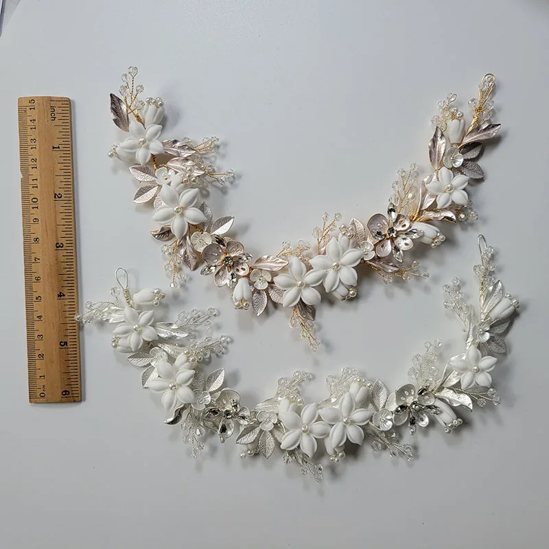 SLBRIDAL Handmade Alloy Flower Leaf Rhinestones Ceramic Flower Bridal Headband Wedding Headpieces Bridesmaids Women Hair Jewelry
