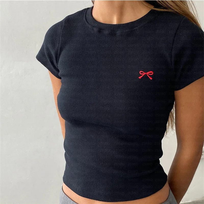 1920er Jahre Vintage Bogen Grafik Druck Sommer Harajuku lässig Fairycore schlanke Frauen T-Shirt Kurzarm Crop Tops Kawaii Y2k T-Shirts